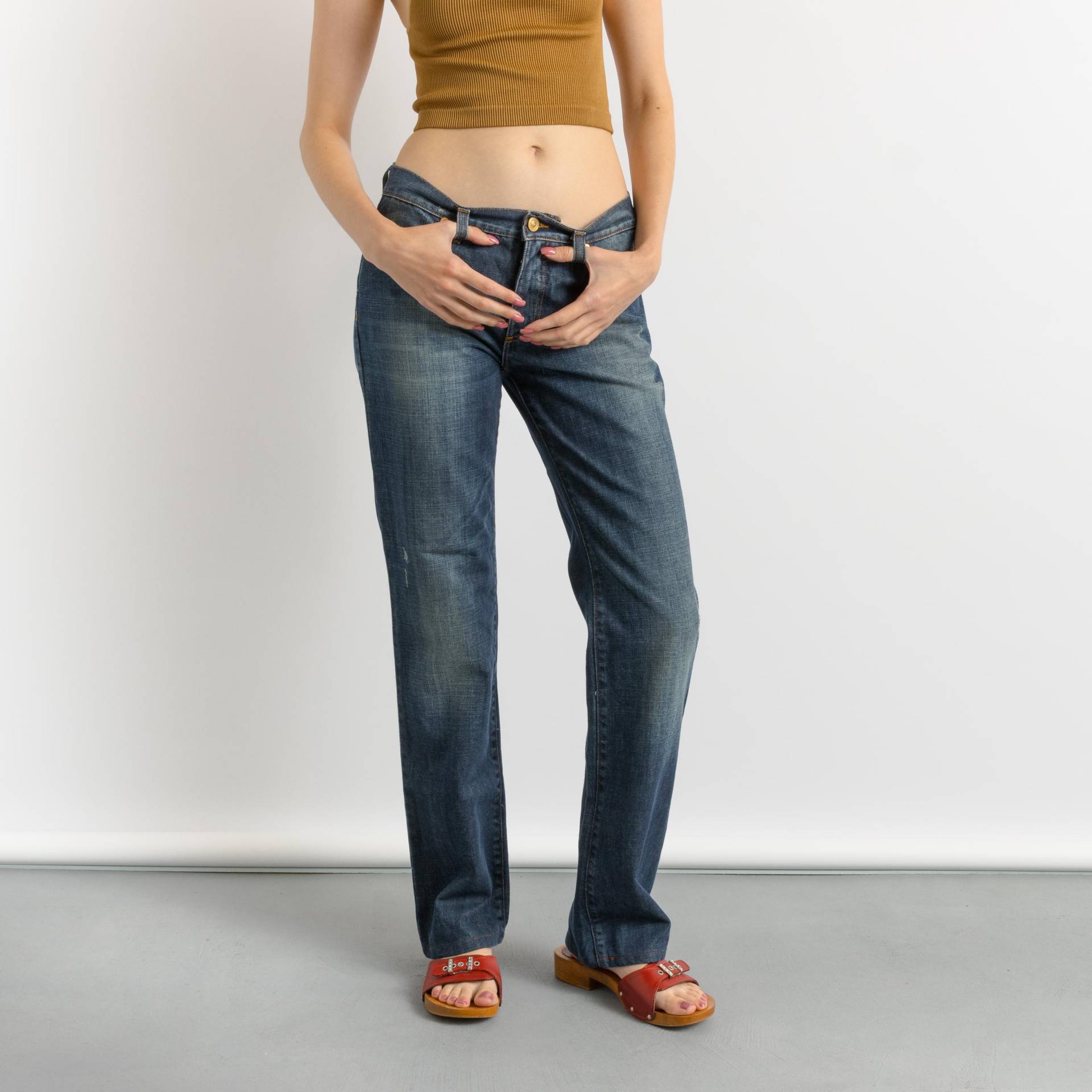 00Er Vintage Versace Jeans Low Waist Damen Straight Denim Hose 2000Er Rave Woman Kleidung Größe S 27 Blau Hip Hop von MoodGirlsUA