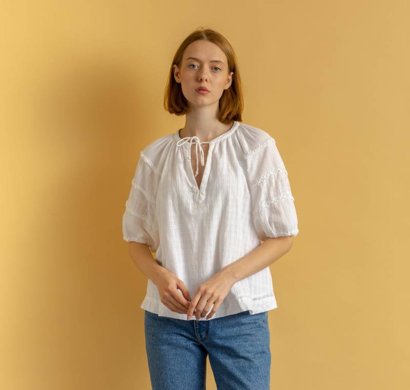 00Er Weiße Spitze Puffärmel Rüschen A-Linie Vintage Baumwolle Sommerbluse Größe Klein von MoodGirlsUA