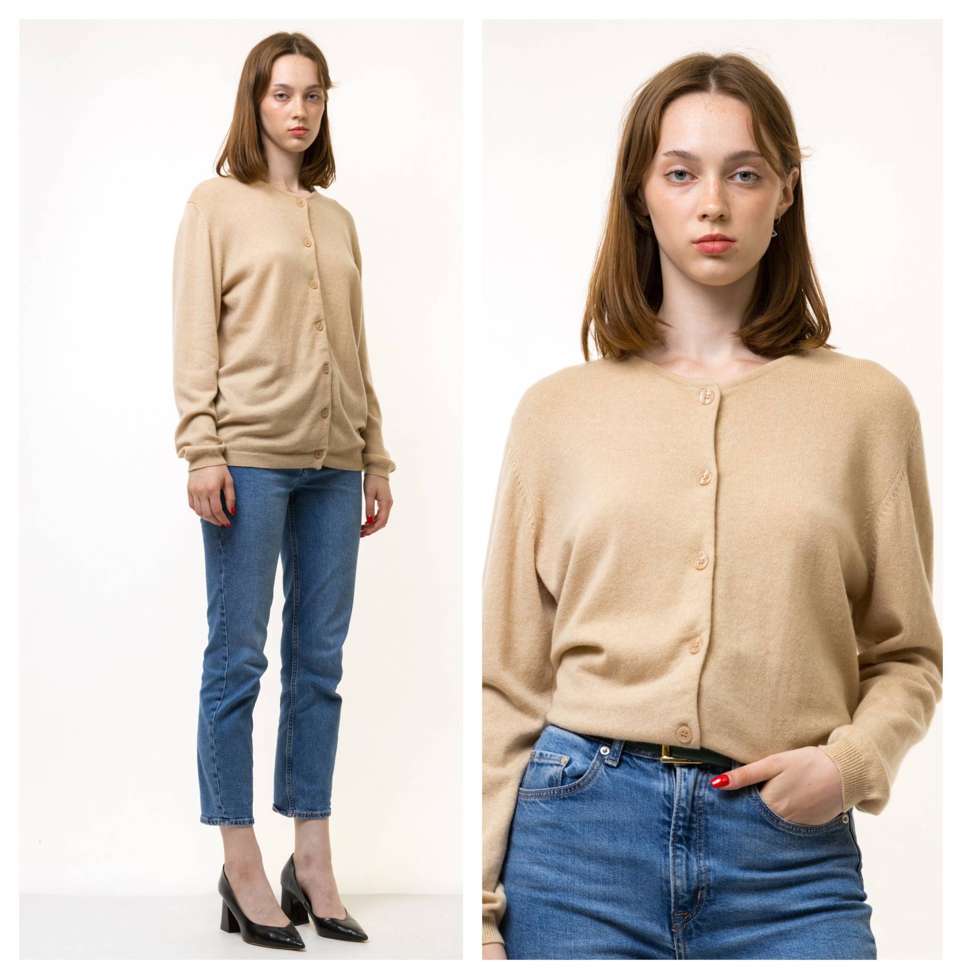 60Er Jahre Vintage Beige Lässiger Rundhalspullover Aus 100 % Kaschmirpullover Strickjacke Freundin Geschenk Damenmode Vintage-Kleidung Groß von MoodGirlsUA