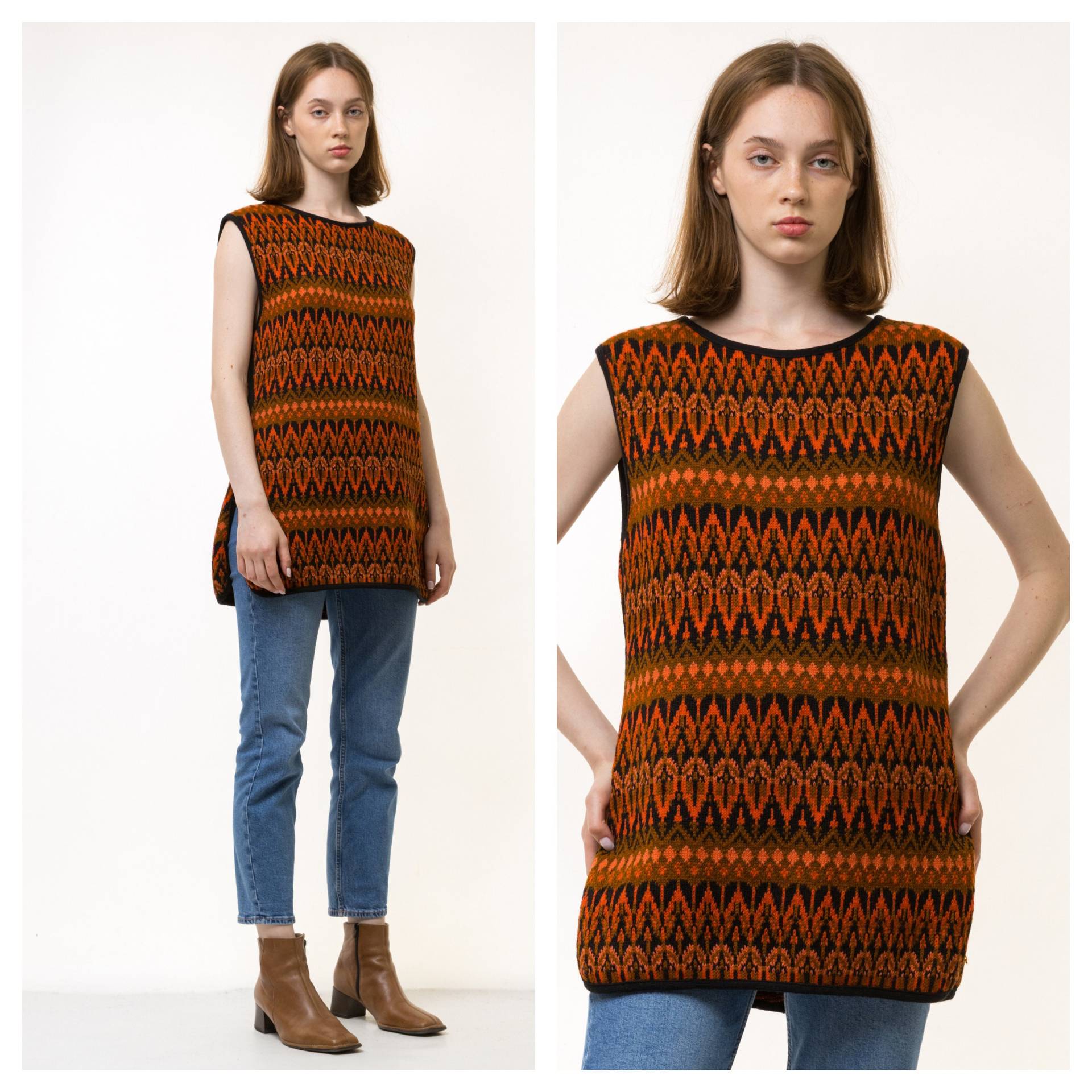 60Er Vintage Norwegen Strickmode Abstraktes Ornament Wolle Lange Weste/Frau Fair Isle Wollpullover Kurze Größe Groß von MoodGirlsUA