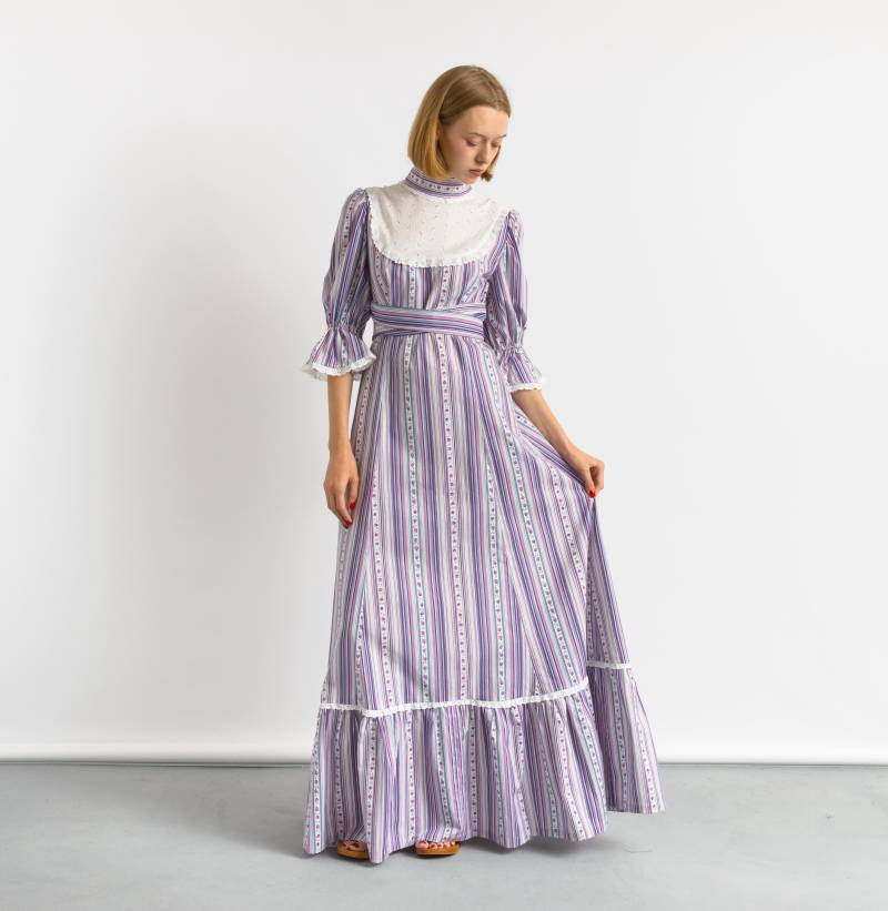 70Er Blumen Präriekleid Boho Maxikleid Spitze Lätzchen High Neck Langarm Hippie Vintage Sylvia Mary 1970Er Uk 12 Medium von MoodGirlsUA