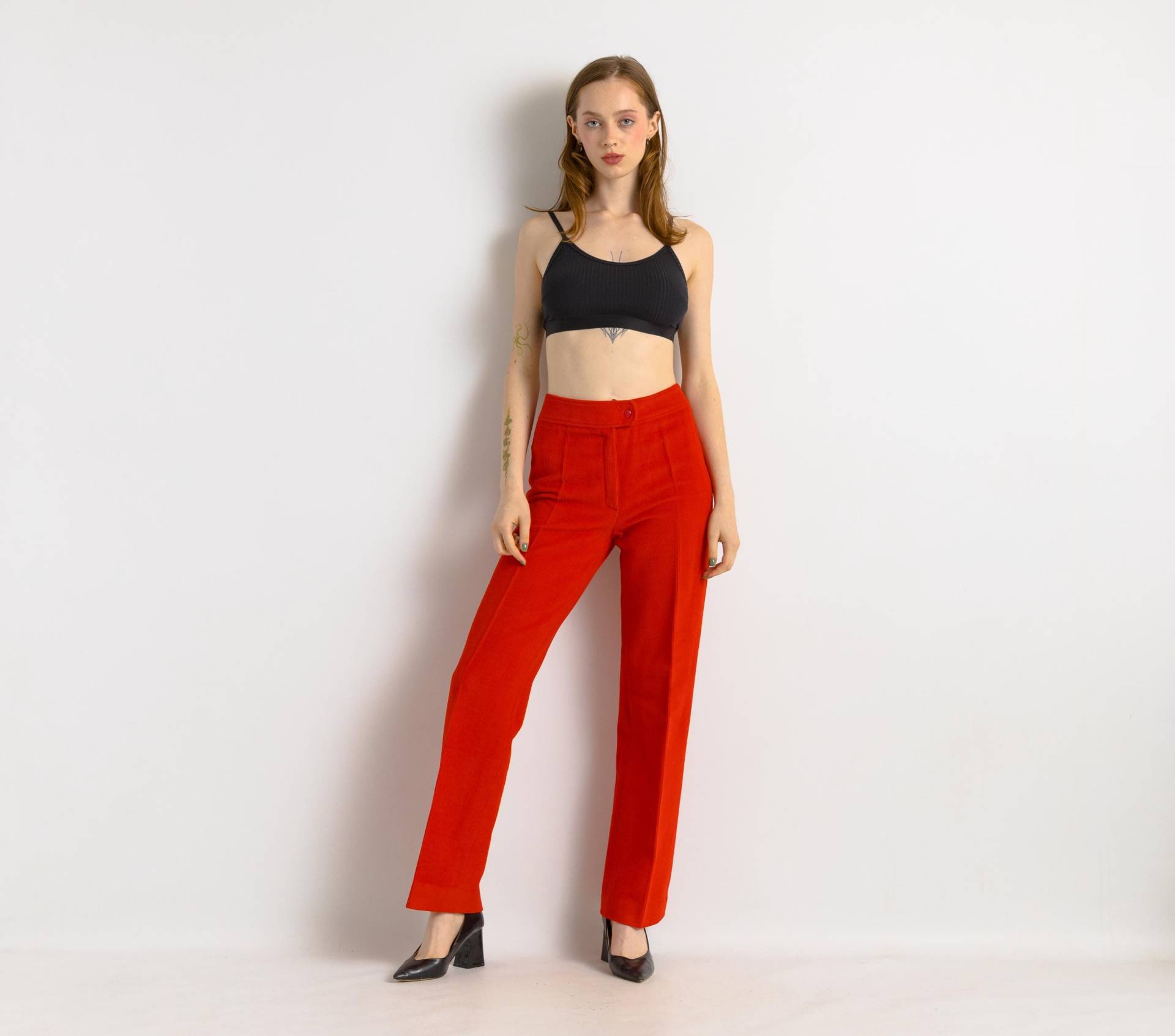 70Er-Jahre-Frauen-Cordhose Mit Hohem Bund Und Geradem Bein, Rote Hose Reißverschluss von MoodGirlsUA