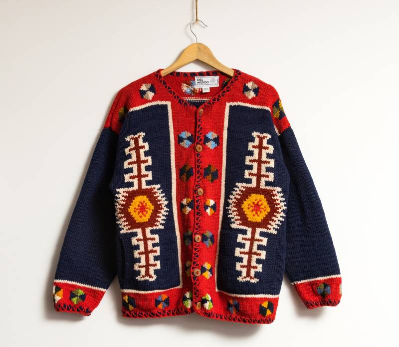 70Er Vintage Del Mundo Ecuador Handgestrickter Wollpullover Strickmode Blau Rot Handarbeit Frau Free Size Pullover von MoodGirlsUA