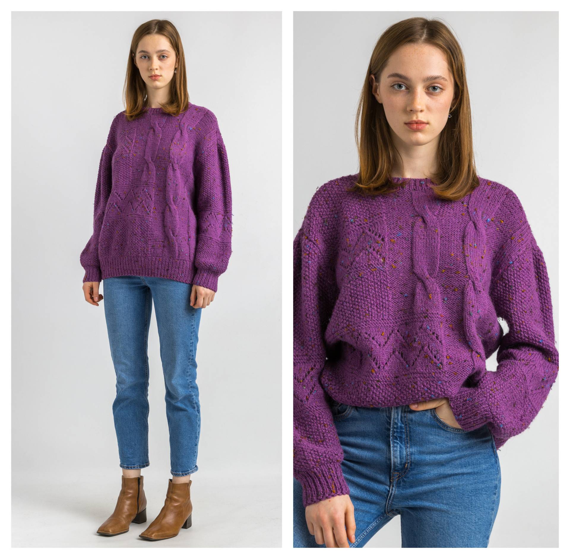 70Er Vintage Handgestricktes Muster Kuscheliger Lila Pullover Top Groß/ Damen von MoodGirlsUA