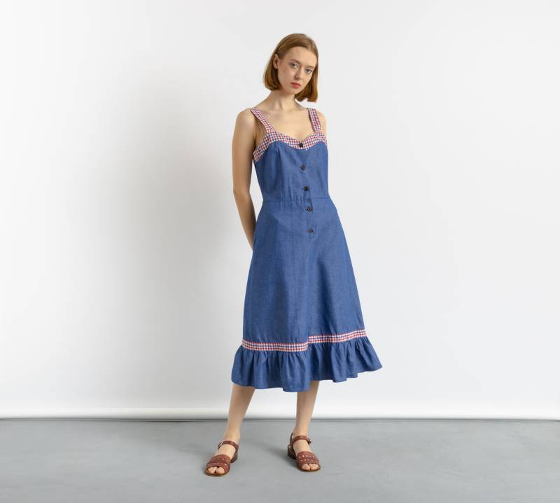 70Er Vintage Sommerkleid Mittelalter Alpen Dirndl Oktoberfest Boho Cottagecore Trachten Knöpfe Up Blaues Kleid von MoodGirlsUA