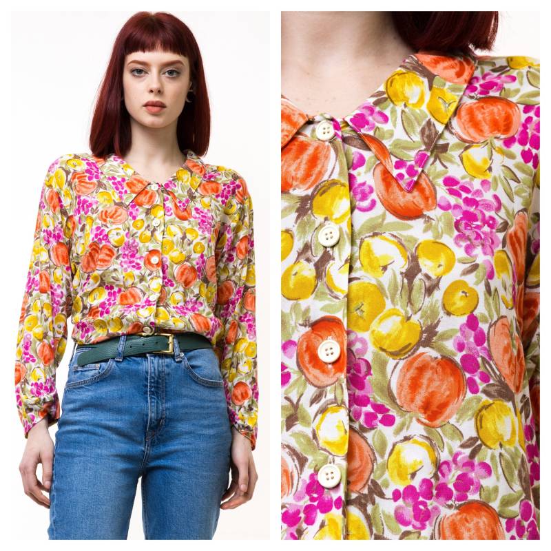 80Er Button Up Lemon Fruits Citrus Shirt - Medium | Vintage Weiß Gelb Langarm Kragen Top Frau Retro-Bluse von MoodGirlsUA