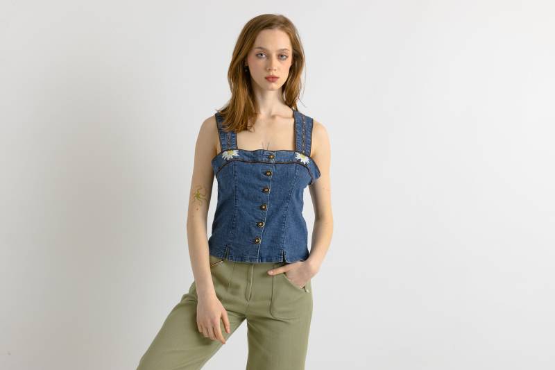 80Er Denim Crop Top Deutschland Tirol Blau Bestickt Retro Knöpfe Oben Tiroler Bayrisch Größe Medium von MoodGirlsUA