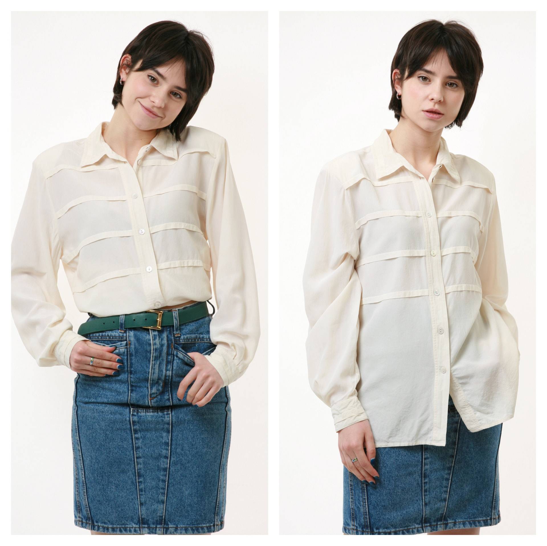 80Er Jahre Vintage 100 % Silk Natürliche Beige Knöpfe Bis Langarm Bluse Shirt Top Mädchen Freundin Geschenk 2486 Größe M Medium von MoodGirlsUA