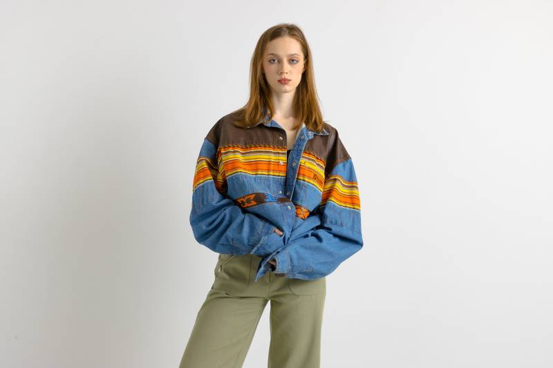 80Er Jahre Vintage Baumwolle Azteken Abstrakt Unisex Stoff Langarm Im Muster Hemd Knöpfe Bis Bluse Größe Herren Xl Xlarge von MoodGirlsUA