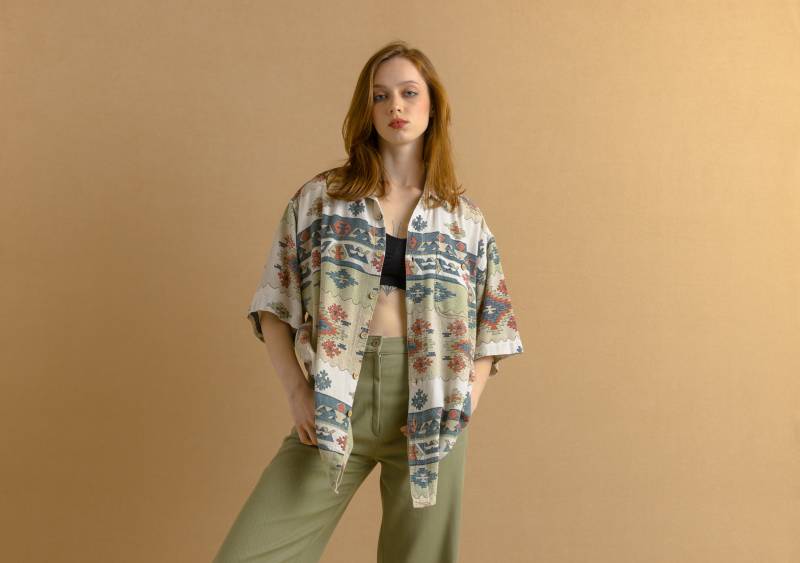 80Er Vintage Baumwolle Azteken Abstraktes Muster Unisex Stoff Kurzarm Im Hemd Knöpfe Bluse Größe Herren L Groß von MoodGirlsUA