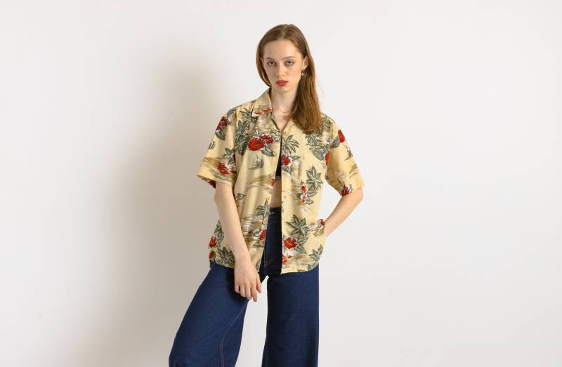 80Er Jahre Vintage Baumwolle Azteken Abstraktes Muster Unisex Stoff Kurzarm Im Hemd Knöpfe Bis Bluse Größe Herren S Klein von MoodGirlsUA
