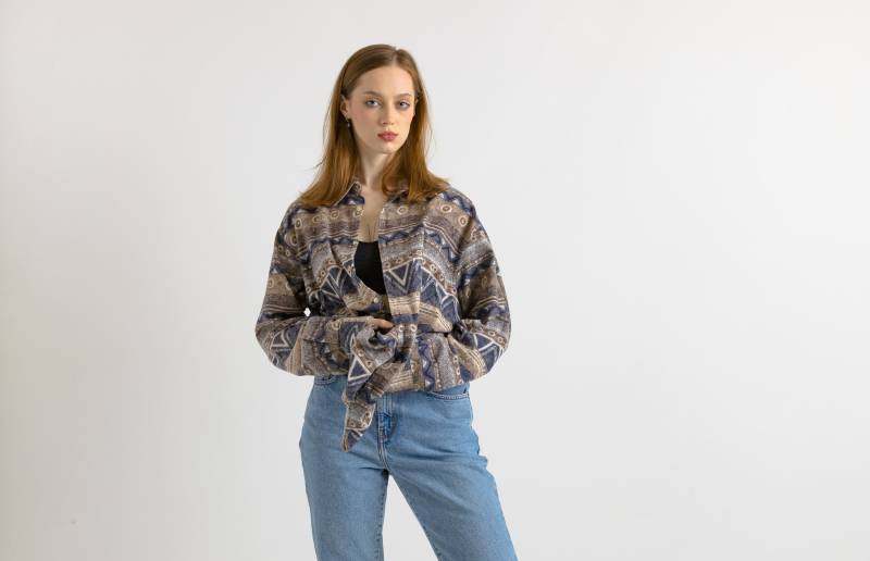 80Er Jahre Vintage Baumwolle Azteken Abstraktes Muster Unisex Stoff Langarm Im Hemd Knöpfe Bis Bluse Größe Herren L Groß von MoodGirlsUA