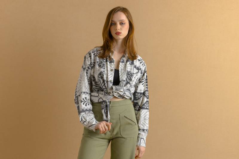 80Er Jahre Vintage Baumwolle Azteken Abstraktes Muster Unisex Stoff Langarm Im Hemd Knöpfe Bis Bluse Größe Herren Medium von MoodGirlsUA