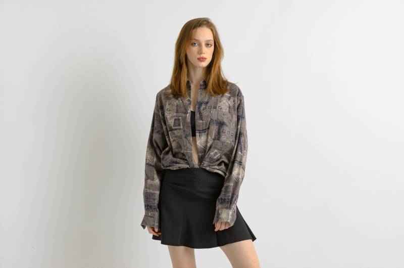 80Er Jahre Vintage Baumwolle Azteken Abstraktes Muster Unisex Stoff Langarm Im Hemd Knöpfe Bis Bluse Größe Herren S Klein von MoodGirlsUA