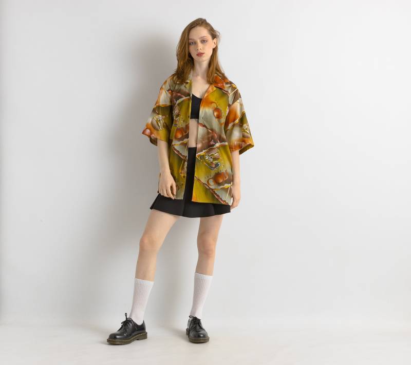 80Er Vintage Baumwolle Golf Abstraktes Muster Unisex Stoff Kurzarm Im Shirt Knöpfe Up Bluse Größe Herren L Groß von MoodGirlsUA