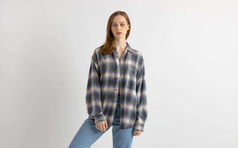 80Er Jahre Vintage Baumwolle Kariert Abstraktes Muster Unisex Stoff Langarm Im Hemd Knöpfe Hoch Bluse Größe Herren M Medium von MoodGirlsUA