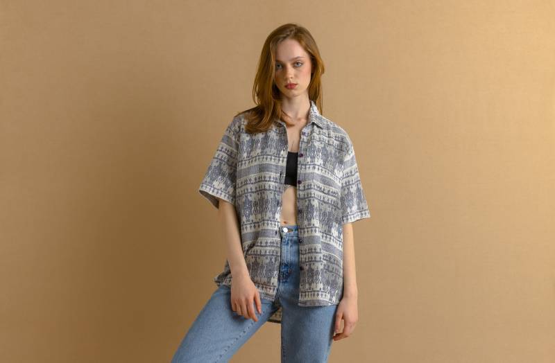 80Er Jahre Vintage Baumwolle Kariert Abstraktes Muster Unisex Stoff Langarm Im Hemd Knöpfe Hoch Bluse Größe Herren M Medium von MoodGirlsUA