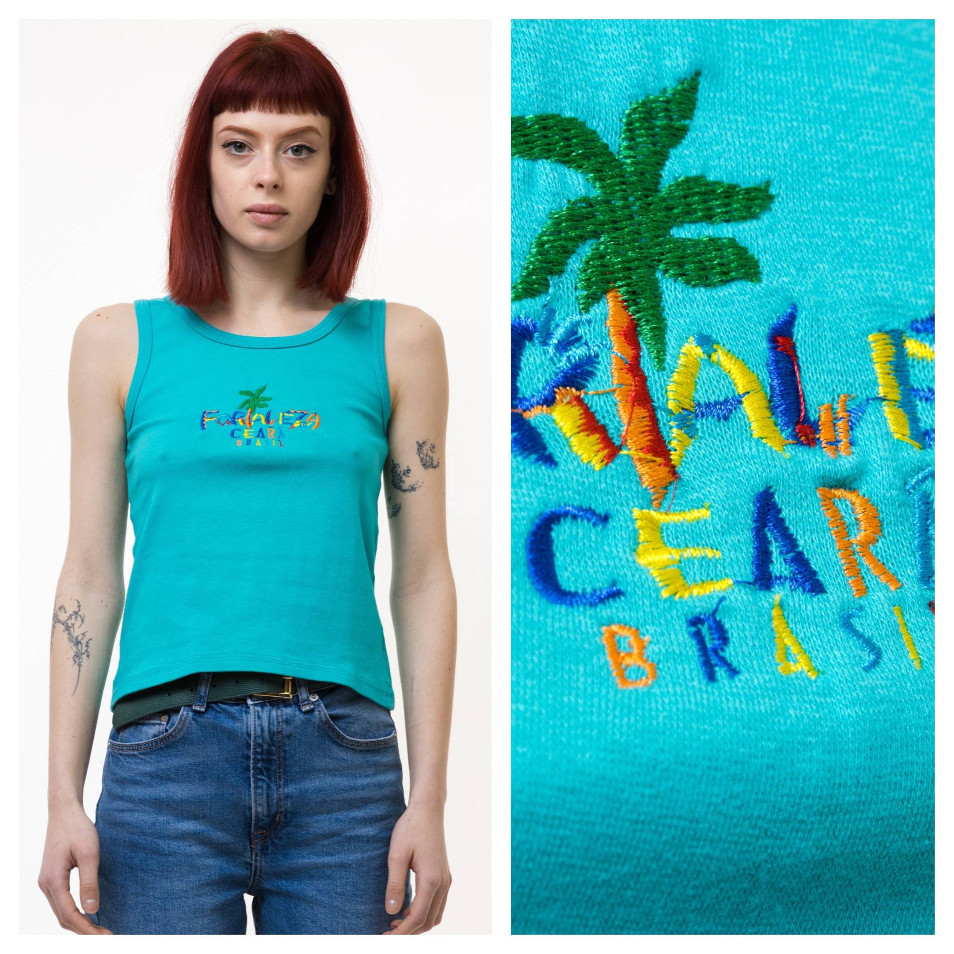 80Er Jahre Vintage Frau Blau Bestickt Palma Print Sommer Crop Top Größe Small Medium/T-Shirt von MoodGirlsUA