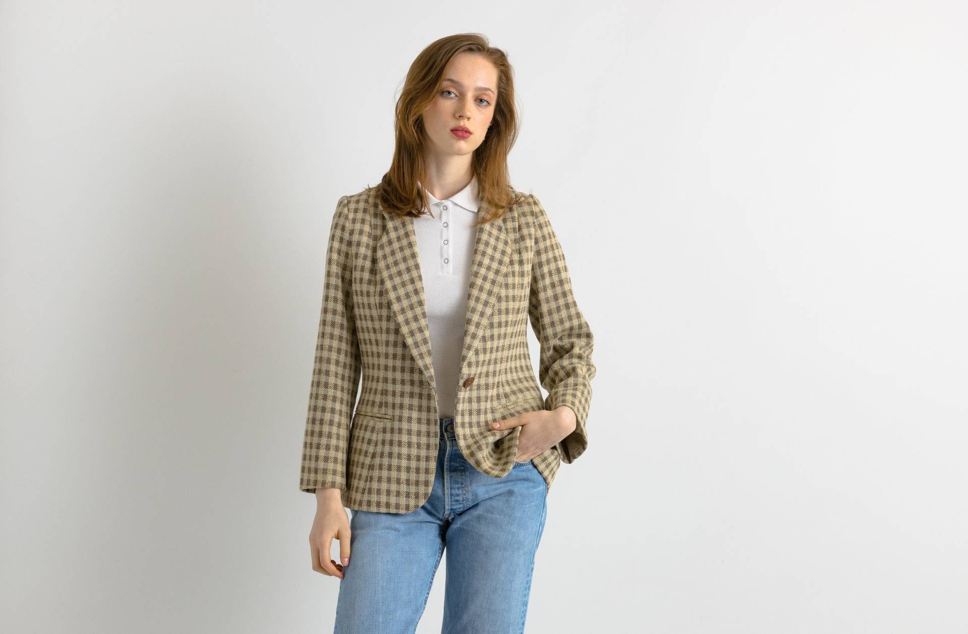 80Er Jahre Vintage Giorgio Armani Karierte Länge Ärmel Midi Knöpfe Hoch Langen Stil Blazer Größe S Klein von MoodGirlsUA
