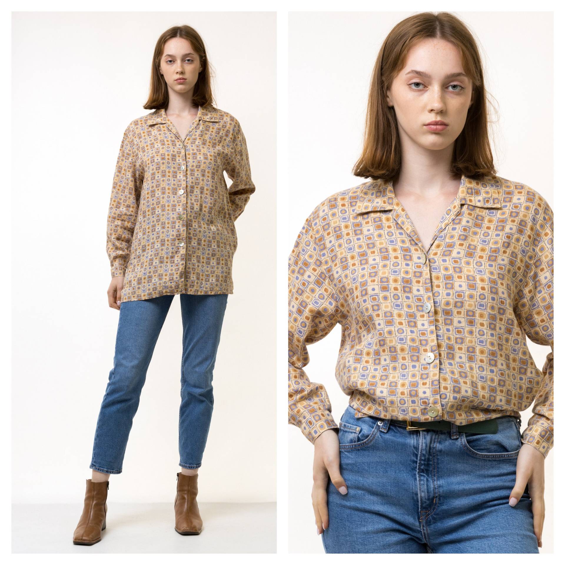 80Er Jahre Vintage Leinen Abstraktes Muster Naturstoff Langarm Im Hemd Knöpfe Bis Bluse Größe 36 Klein von MoodGirlsUA