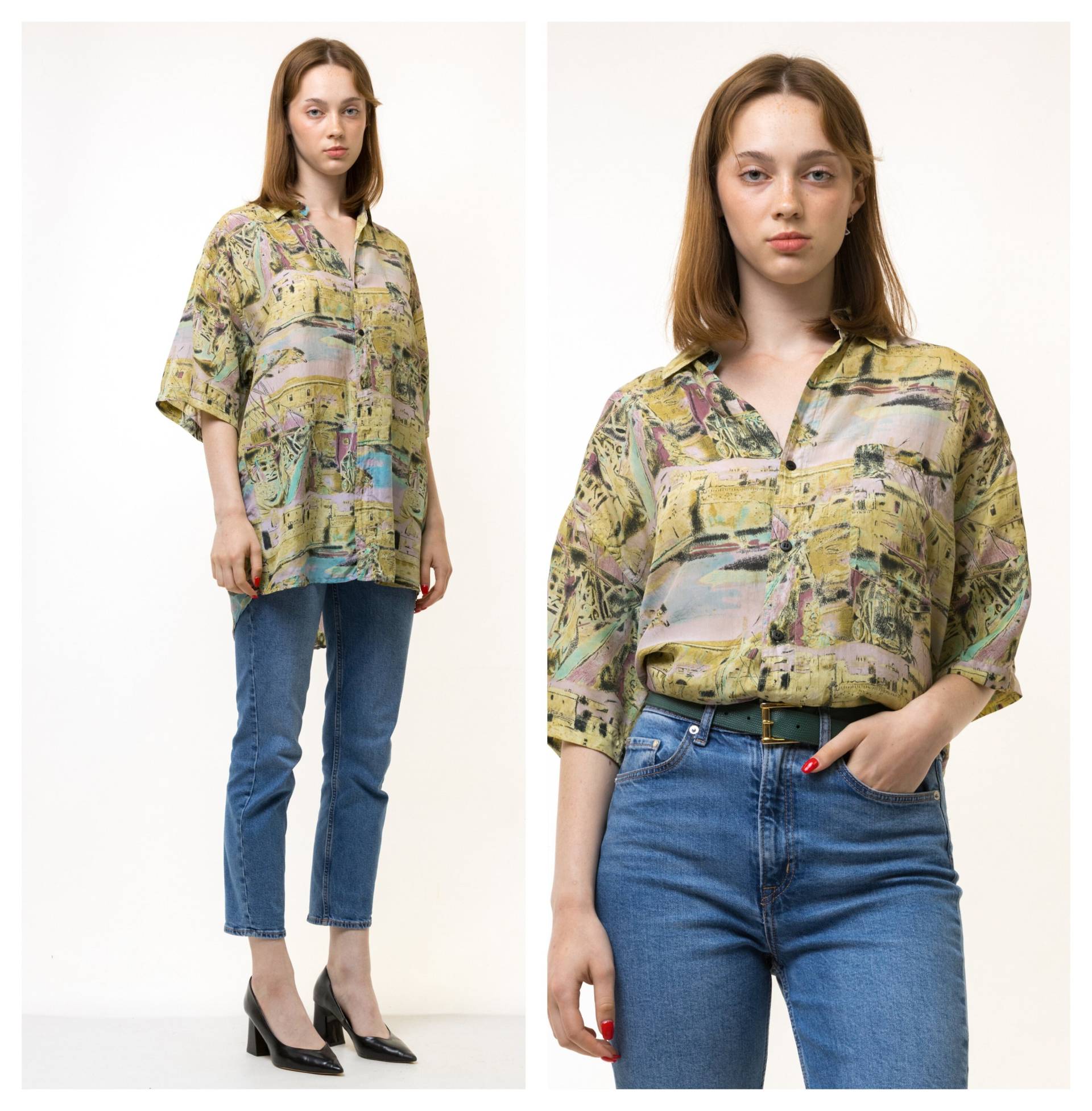 80Er Jahre Vintage Seide Soie Azteken Abstraktes Muster Naturstoff Kurzarm Im Hemd Knöpfe Bis Bluse Größe Medium von MoodGirlsUA