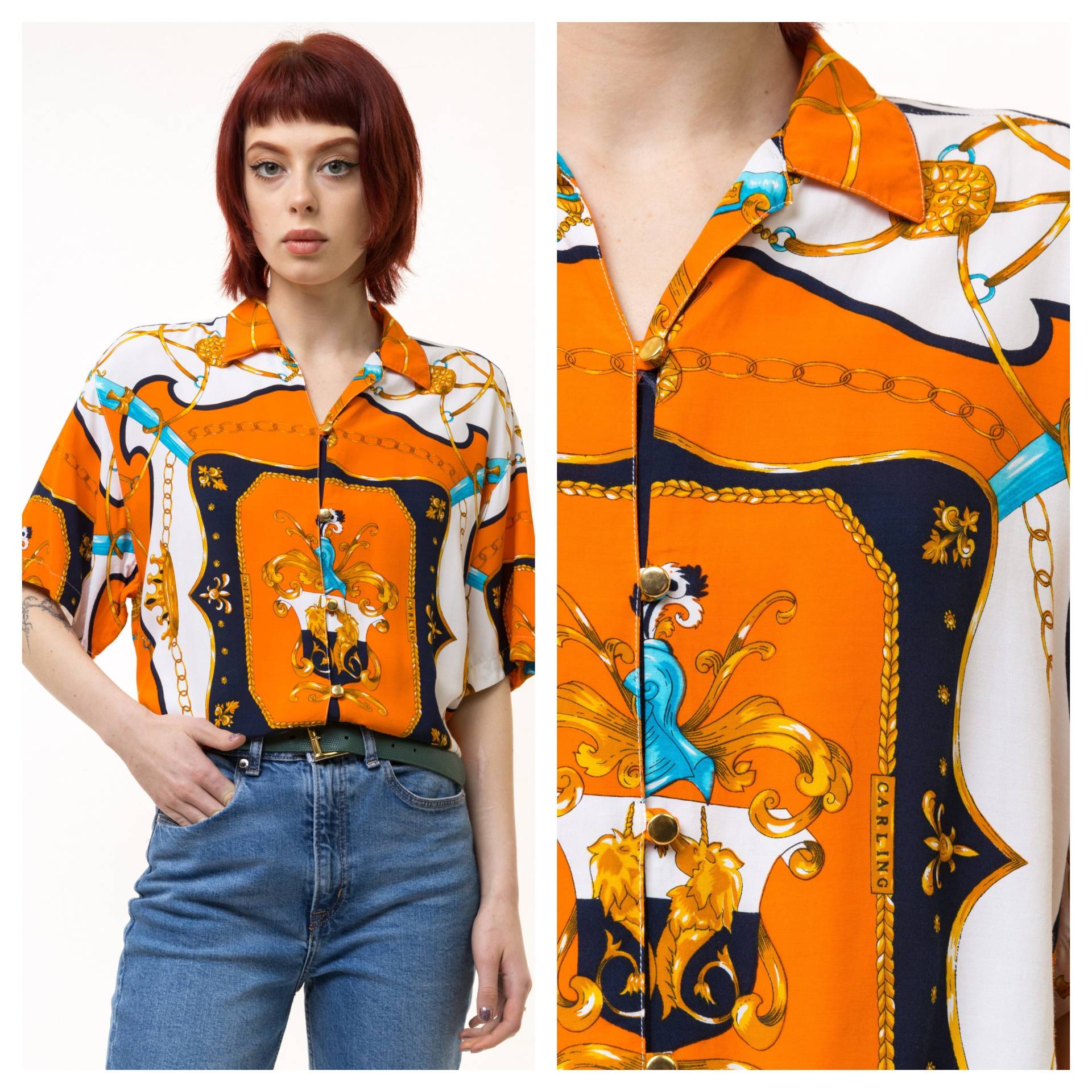 80Er Jahre Vintage Viskose Abstraktes Muster Naturstoff Kurzarm Im Hemd Knöpfe Bis Bluse Größe Medium von MoodGirlsUA