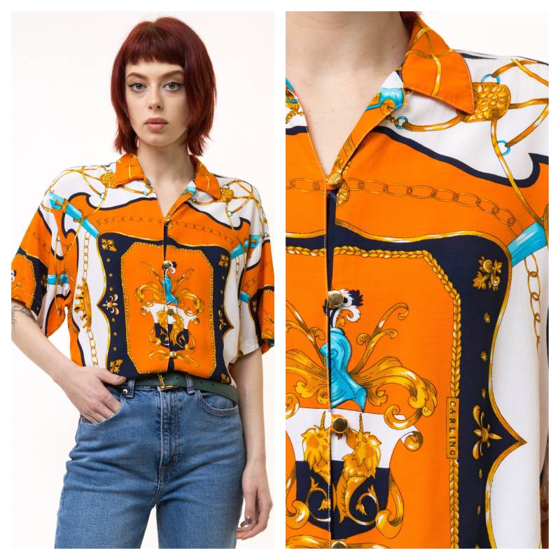 80Er Jahre Vintage Viskose Abstraktes Muster Naturstoff Kurzarm Im Hemd Knöpfe Bis Bluse Größe Medium von MoodGirlsUA