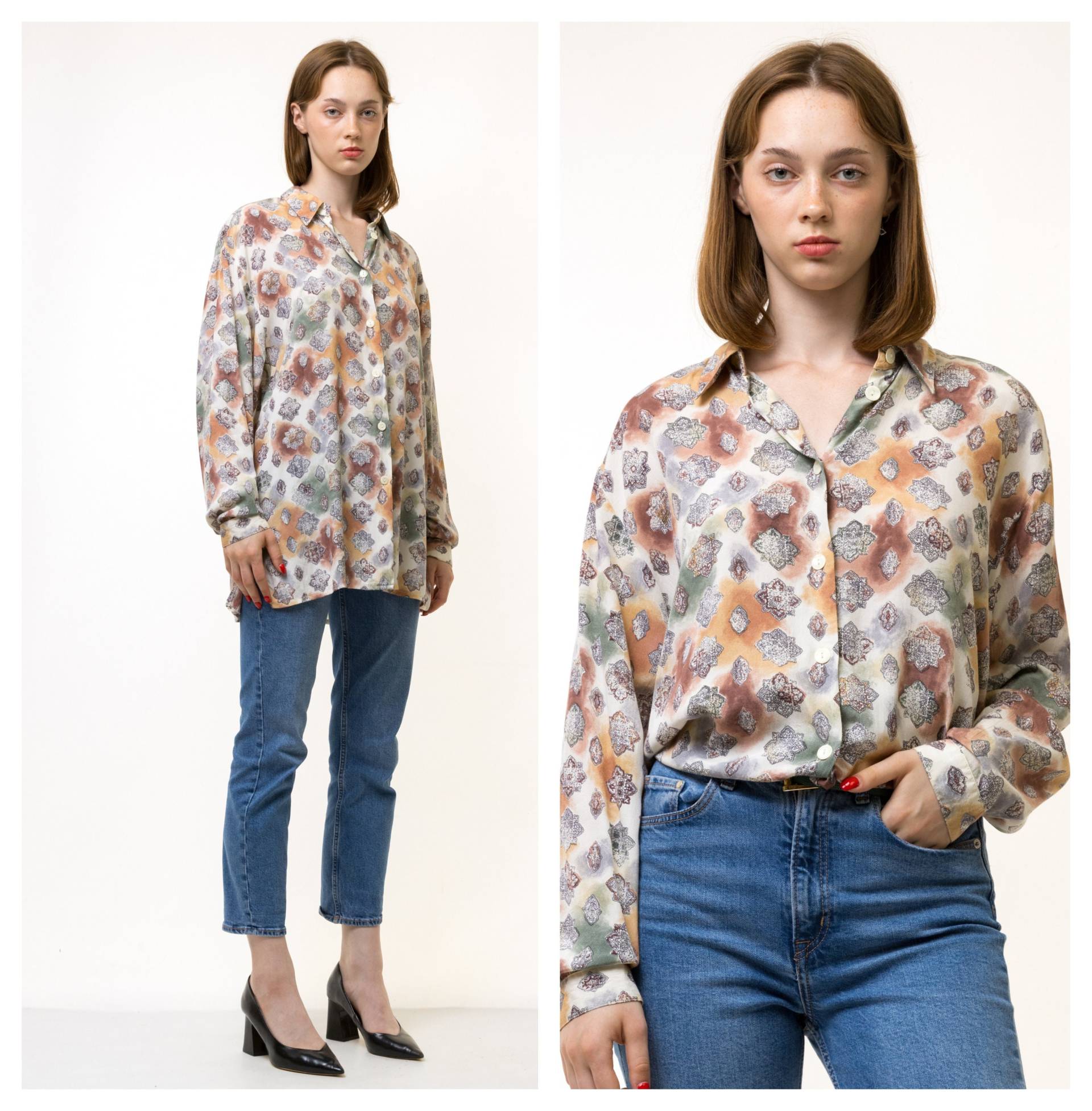 80Er Jahre Vintage Viskose Azteken Abstraktes Muster Naturstoff Langarm Im Hemd Knöpfe Bis Bluse Größe Medium von MoodGirlsUA