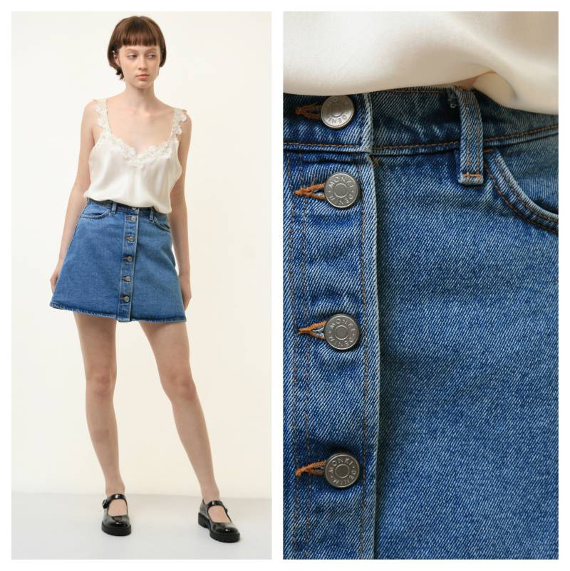 80Er Jahre Vintage Vtg Rare Blue High Waisted Denim Zip Befestigt Minirock in Medium Grunge Size S 28 Girl Girlfriend Gift 4094 von MoodGirlsUA