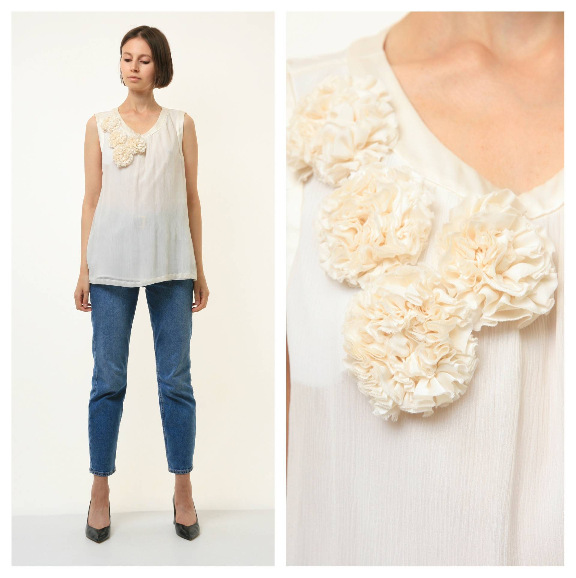 80Er Jahre Vintage Vtg Selten 100 % Seide Seta Soie Naturstoff Ärmellos in Beige Frau Top Shirt Bluse 4116 Größe Klein von MoodGirlsUA