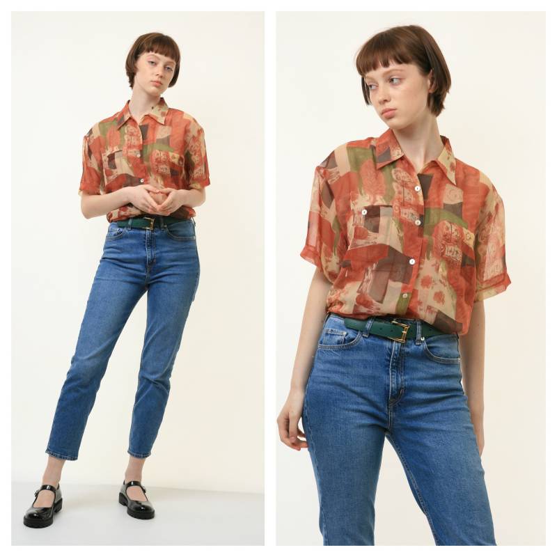 80Er Jahre Vintage Vtg Seltene Viskose Natürliche Stoff Kurzarm Abstrakte Muster Übergroße Hemd Knöpfe Bis Bluse 4029 Größe S M Freundin Geschenk von MoodGirlsUA