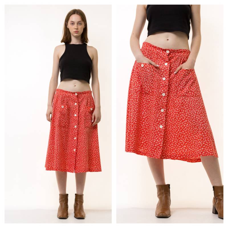 80Er Jahre Vintage Vtg Seltener Blumendruck Hoch Taillierter Grunge-stil Ein Gefütterter Midi-Rock Freundin Geschenk Größe Medium von MoodGirlsUA