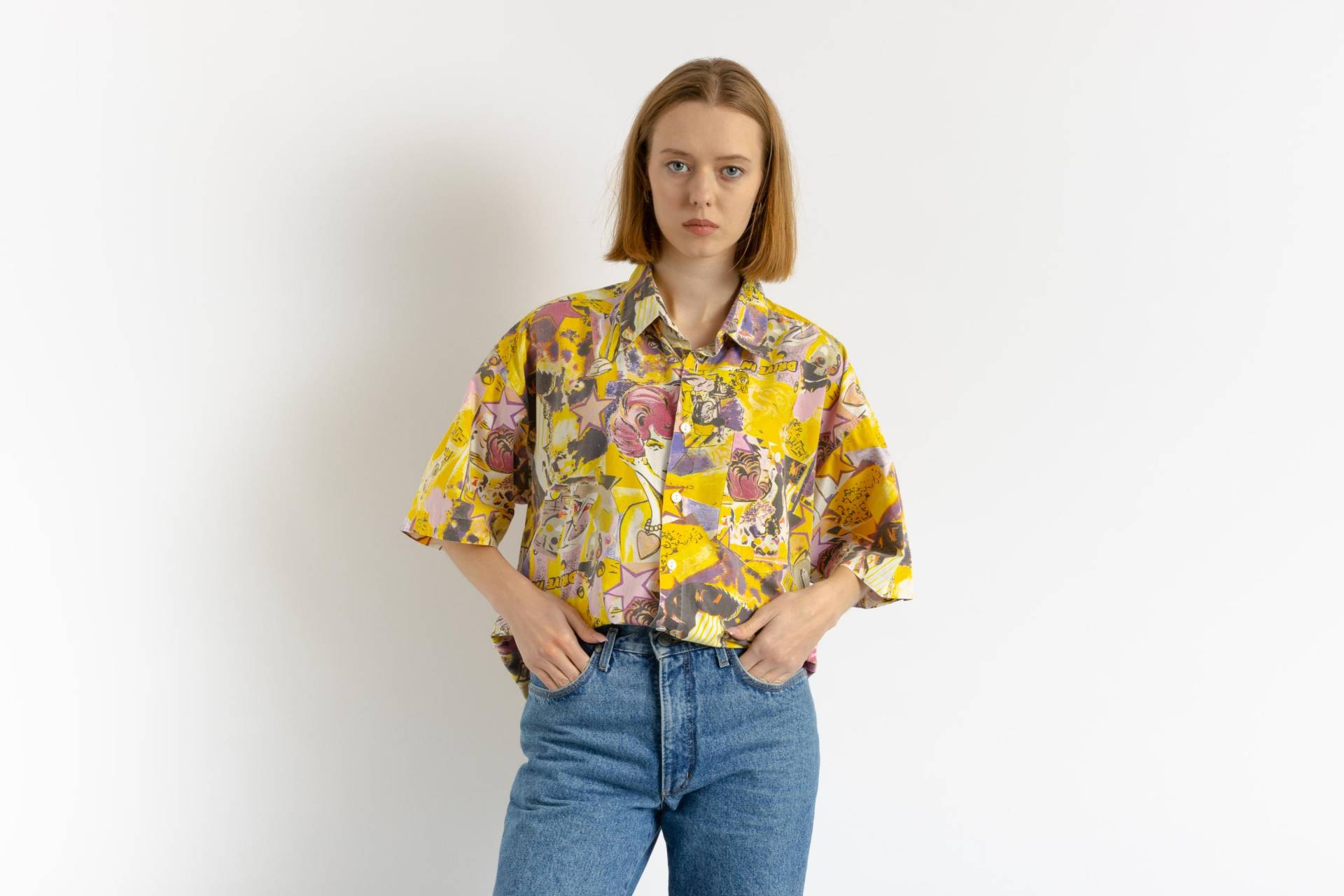 80Er Vintage Baumwolle Azteken Abstraktes Muster Unisex Stoff Kurzarm Im Hemd Knöpfe Bluse Größe Herren L Groß von MoodGirlsUA