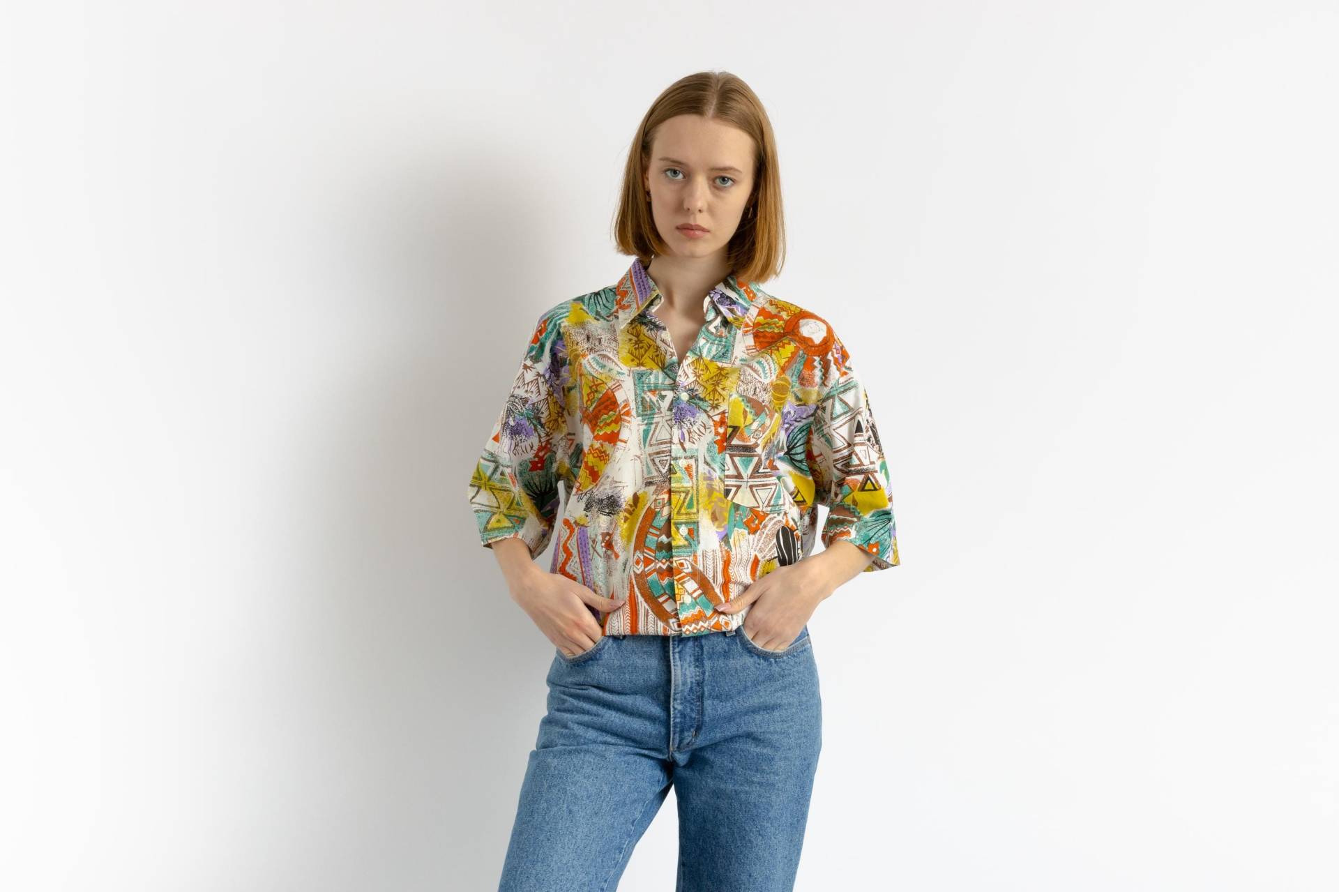 80Er Vintage Baumwolle Azteken Abstraktes Muster Unisex Stoff Kurzarm Im Hemd Knöpfe Bluse Größe Herren L Groß von MoodGirlsUA