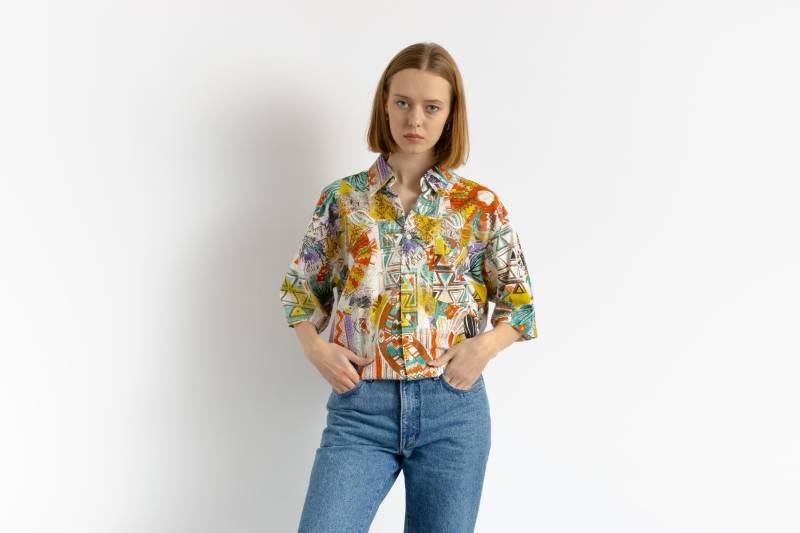 80Er Vintage Baumwolle Azteken Abstraktes Muster Unisex Stoff Kurzarm Im Hemd Knöpfe Bluse Größe Herren L Groß von MoodGirlsUA