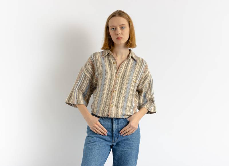 80Er Vintage Baumwolle Azteken Abstraktes Muster Unisex Stoff Kurzarm Im Hemd Knöpfe Bluse Größe Herren L Groß von MoodGirlsUA