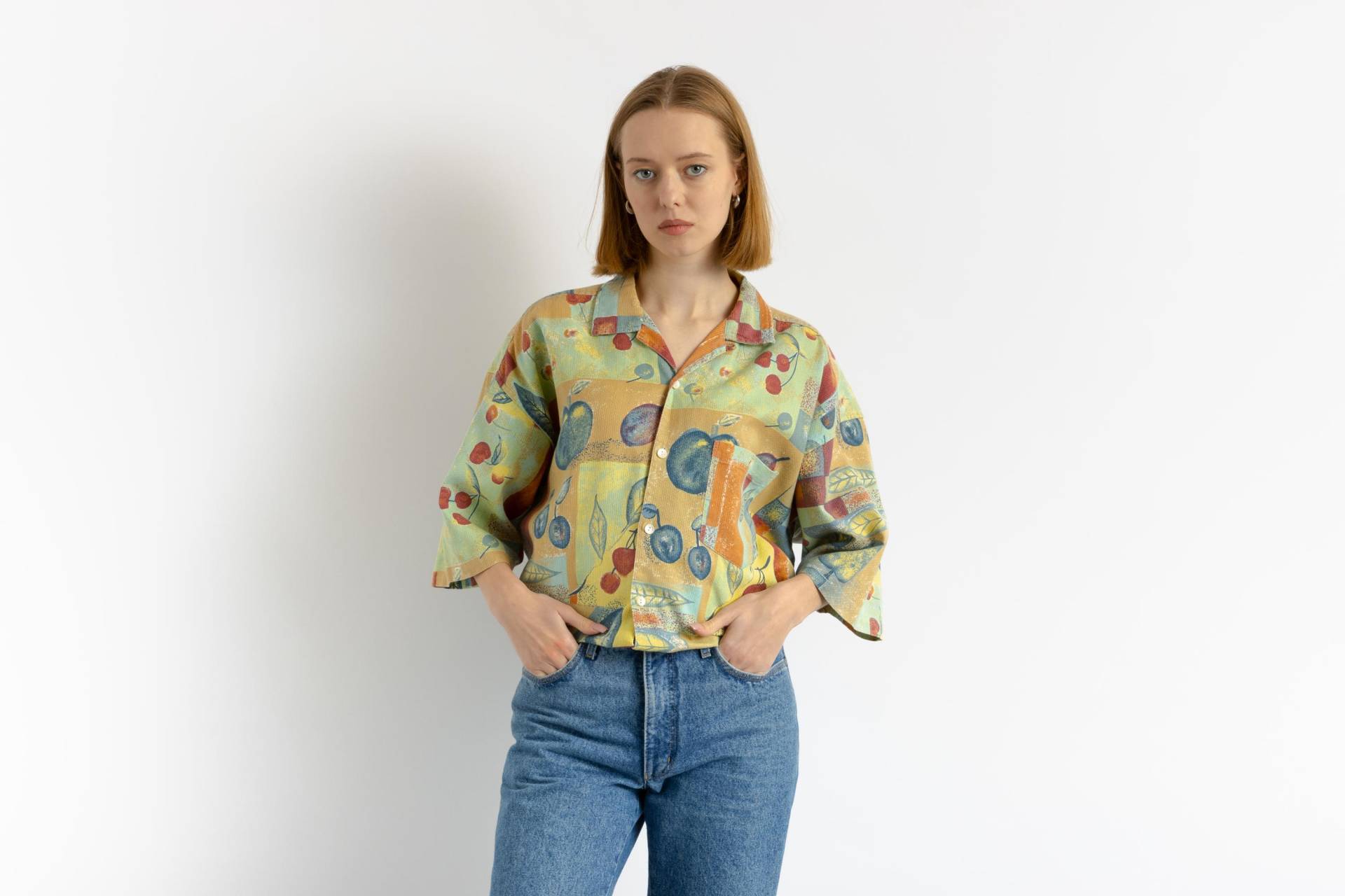 80Er Vintage Baumwolle Azteken Abstraktes Muster Unisex Stoff Kurzarm Im Hemd Knöpfe Up Bluse Größe Herren M Medium von MoodGirlsUA