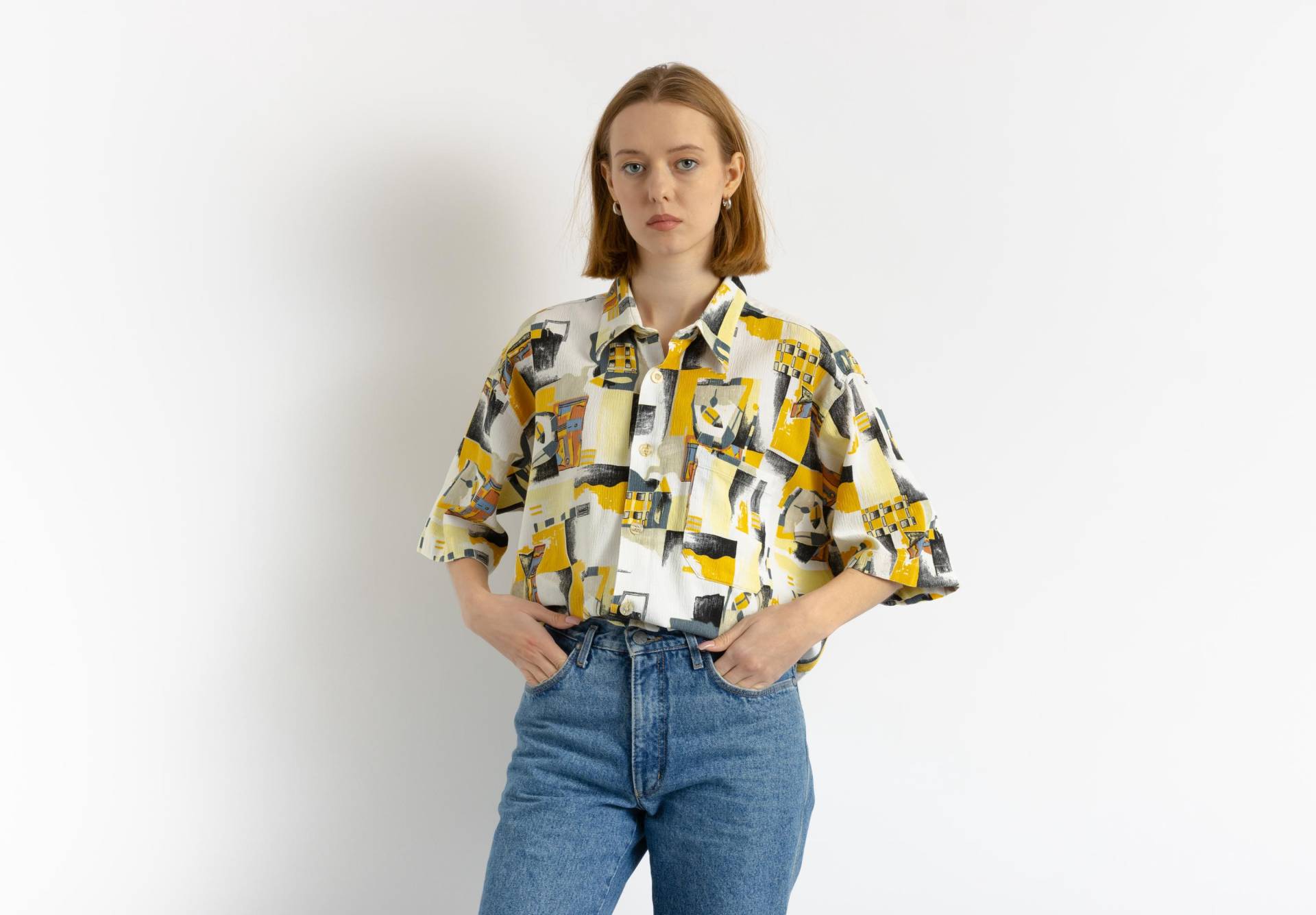 80Er Vintage Baumwolle Azteken Abstraktes Muster Unisex Stoff Kurzarm Im Hemd Knöpfe Up Bluse Größe Herren M Medium von MoodGirlsUA