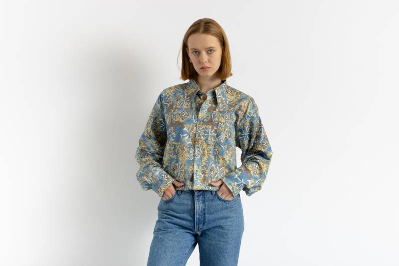 80Er Vintage Baumwolle Azteken Abstraktes Muster Unisex Stoff Langarm Im Hemd Knöpfe Bluse Größe Herren L Groß von MoodGirlsUA