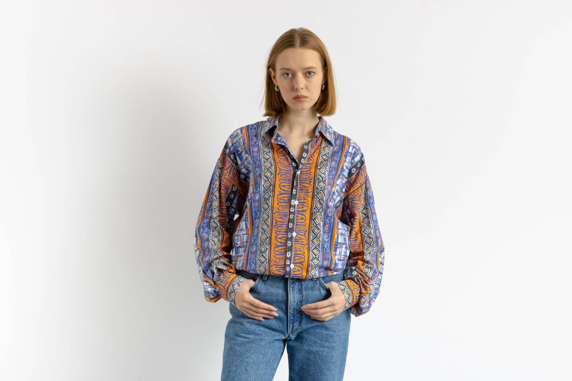 80Er Vintage Baumwolle Azteken Abstraktes Muster Unisex Stoff Langarm Im Hemd Knöpfe Bluse Größe Herren L Groß von MoodGirlsUA