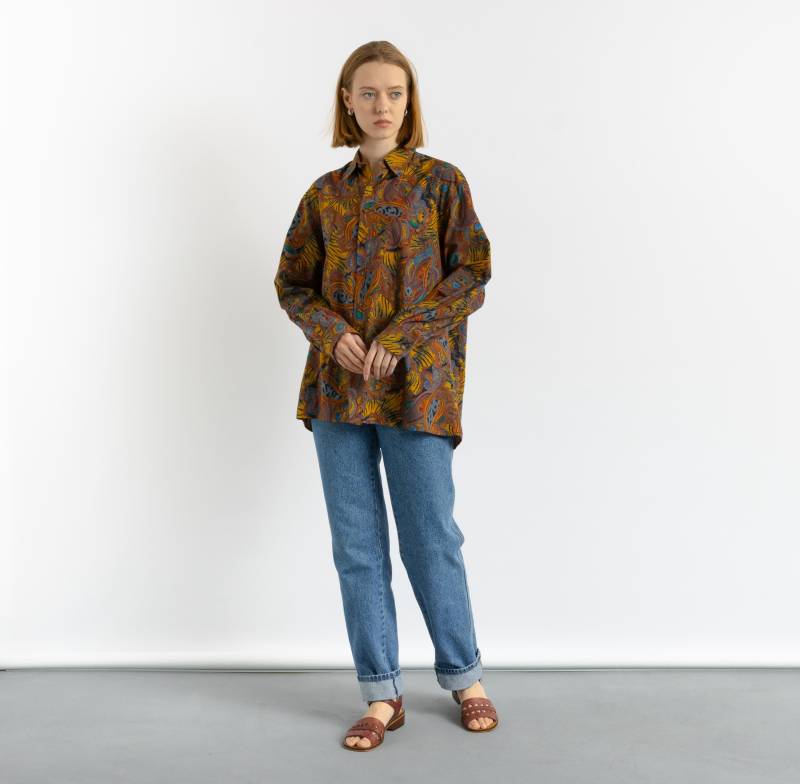 80Er Vintage Baumwolle Azteken Abstraktes Muster Unisex Stoff Langarm Im Hemd Knöpfe Bluse Größe Herren M Medium von MoodGirlsUA