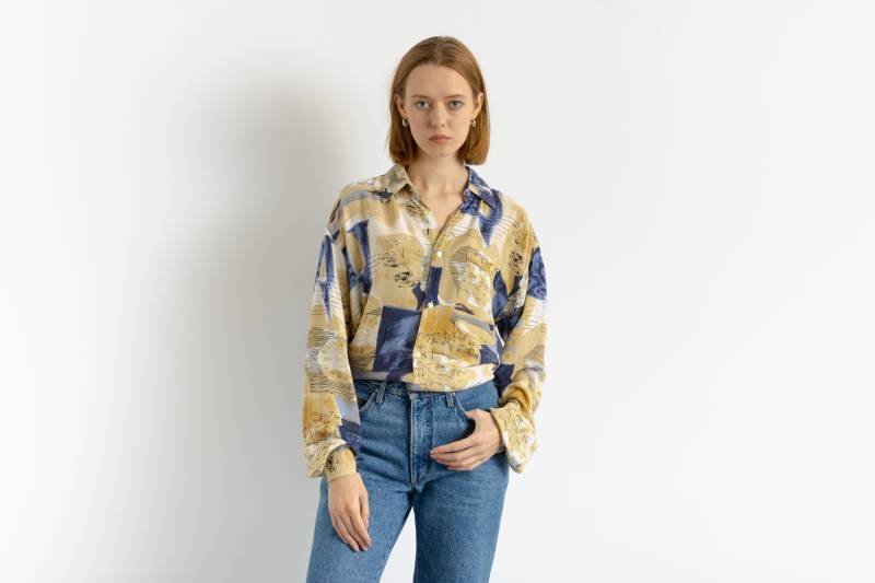 80Er Vintage Baumwolle Azteken Abstraktes Muster Unisex Stoff Langarm Im Hemd Knöpfe Bluse Größe Herren S Klein von MoodGirlsUA