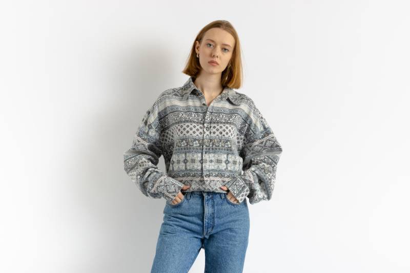 80Er Vintage Baumwolle Azteken Abstraktes Muster Unisex Stoff Langarm Im Shirt Knöpfe Up Bluse Größe Herren L Groß von MoodGirlsUA