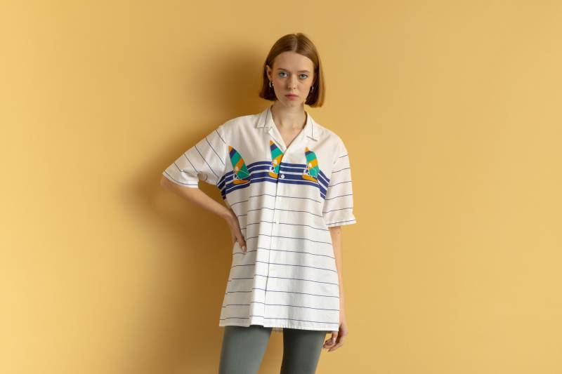 80Er Vintage Baumwolle Grunge Streifenmuster Unisex Stoff Kurzarm Im Muster Shirt Knöpfe Bluse Größe Herren M Medium von MoodGirlsUA