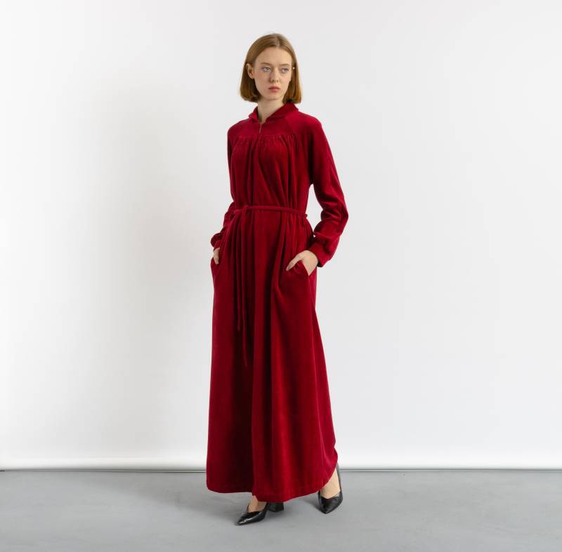80Er Vintage Damen Boho Samt Rot Velour Maxi Lange Robe Made in Switzerland Gr. 38 Klein von MoodGirlsUA