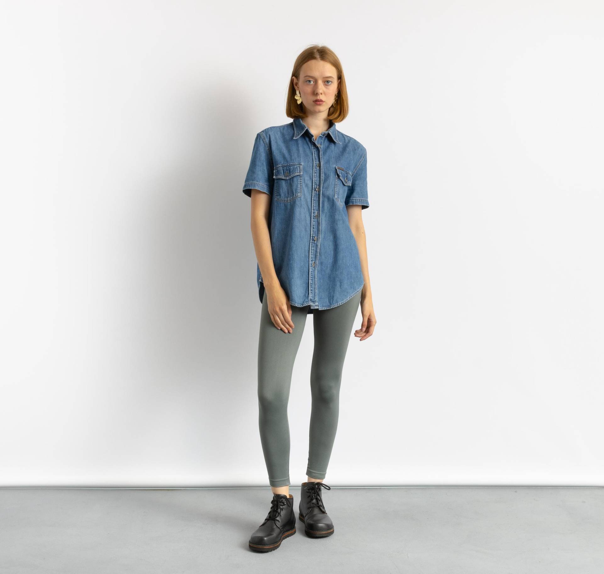 80Er Vintage Denim Sommer Calvin Klein Kurzarm in Blau Hemd Knöpfe Up Bluse Größe Xlarge von MoodGirlsUA