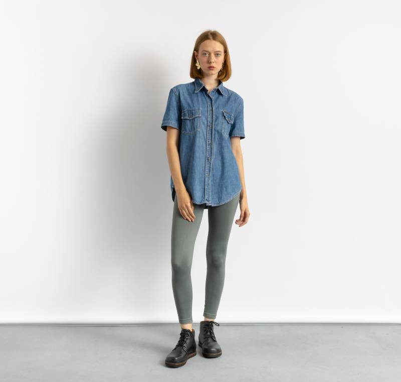 80Er Vintage Denim Sommer Calvin Klein Kurzarm in Blau Hemd Knöpfe Up Bluse Größe Xlarge von MoodGirlsUA