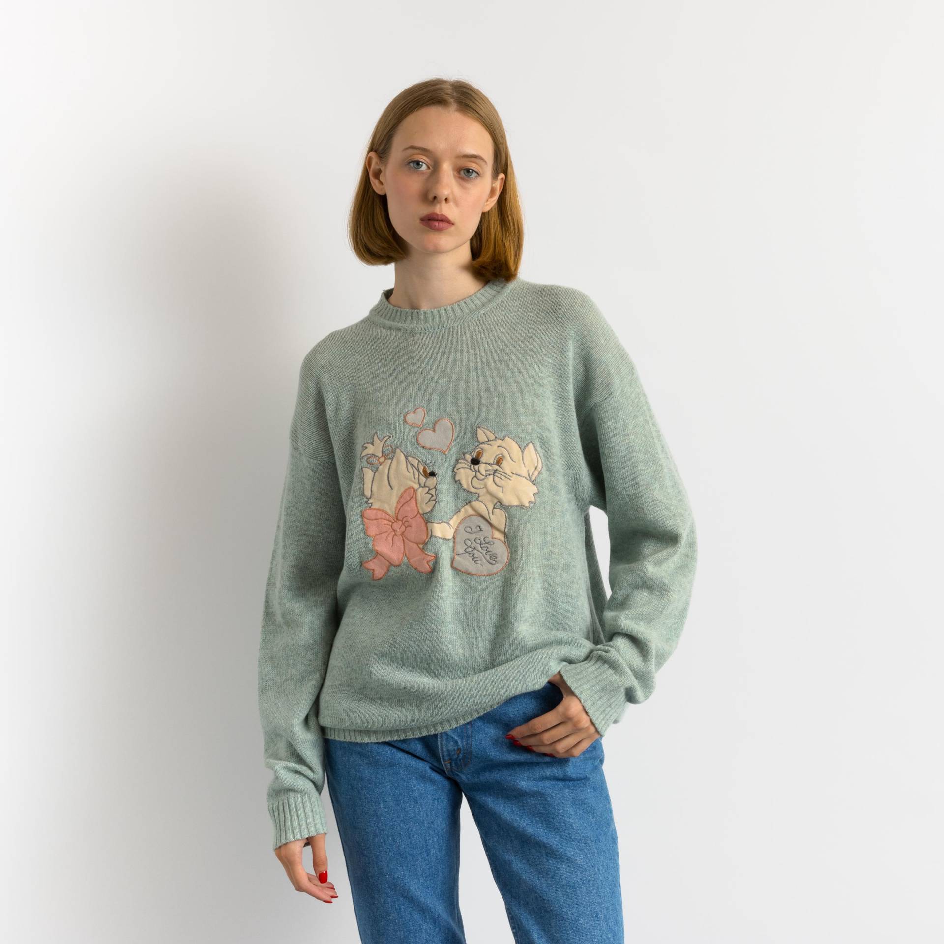 80Er Vintage Gebrauchter Bestickter Lammwolle Blau Rundhals Langarmpullover Größe Klein von MoodGirlsUA