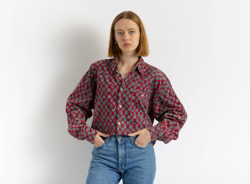 80Er Vintage Leichter Cord Azteken Abstraktes Muster Unisex Stoff Langarm Im Hemd Knöpfe Bluse Größe Herren L Groß von MoodGirlsUA