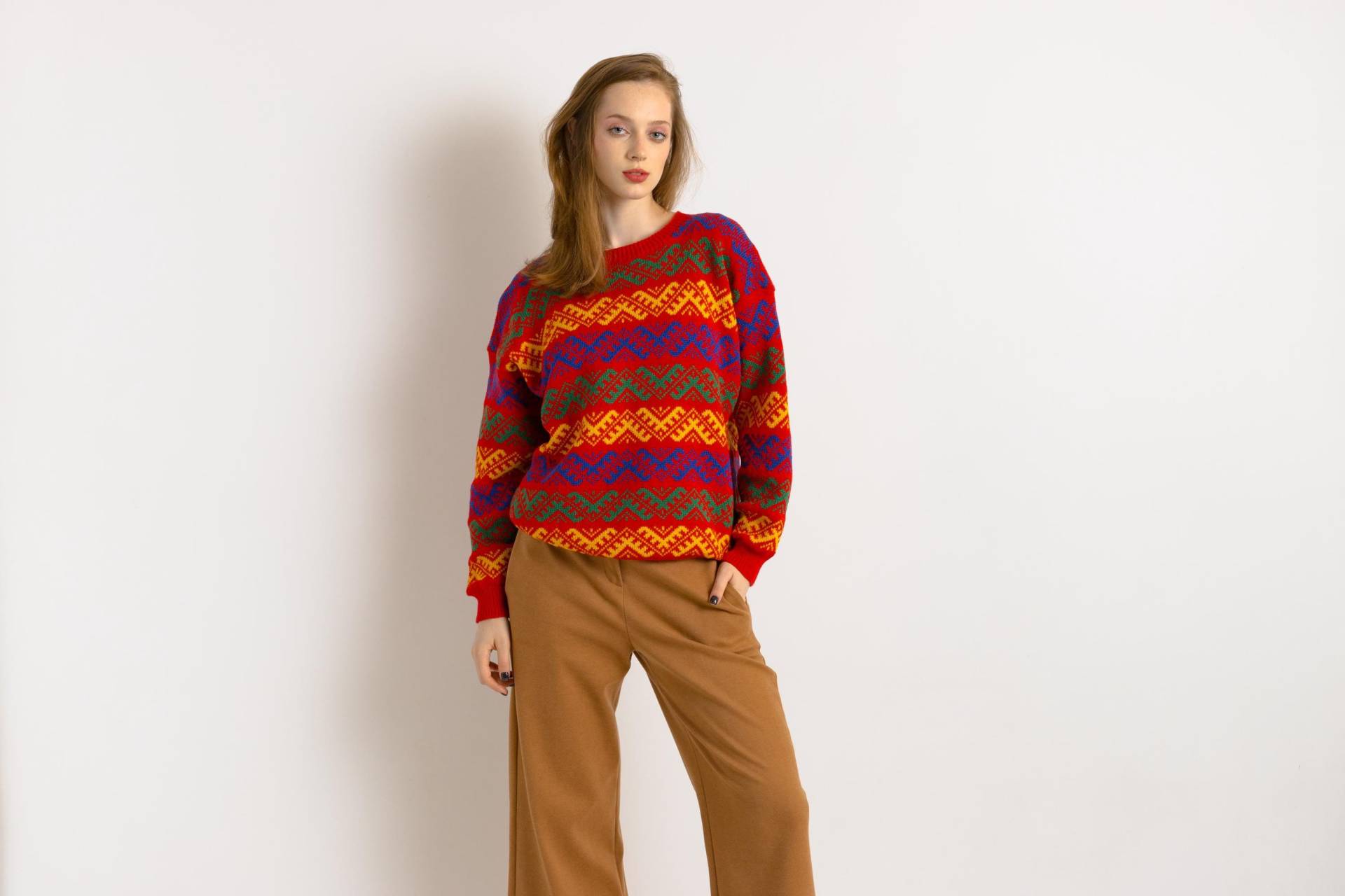 80Er Vintage Norwegen Strickmode Abstraktes Ornament Wollpullover/Damen Fair Isle Größe Medium von MoodGirlsUA